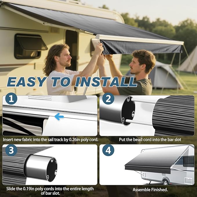 RV Awning Fabric Replacement 17FT, 18.5oz Heavy-Duty Vinyl Camper Awning for All Brands, Universal Outdoor Canopy for Camper, RV, Trailer, Motorhome - Black Fade (Fabric 16'2")