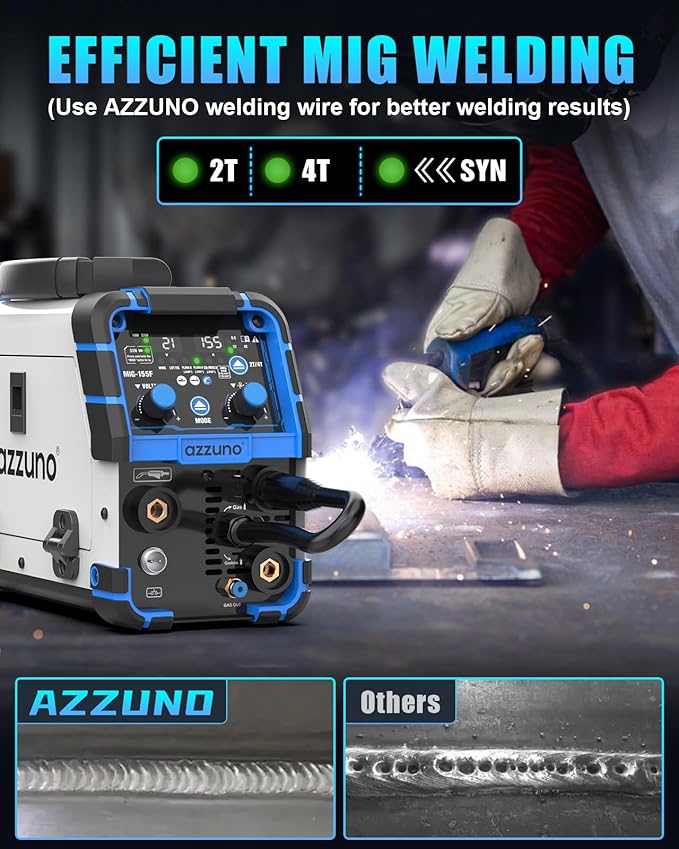 AZZUNO Aluminum 155A MIG Welder 110V/220V, 5-in-1 MIG Welding Machine with Flux Core MIG/Gas MIG/Aluminum MIG/Stick/Lift TIG Welding, Wire Feed Welder Machine