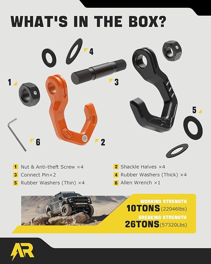 D Ring Shackles, 3/4" Separate Shackles with 7/8" Pin, Heavy Duty Recovery Shackle 57320lbs Break Strength, 4x4 Off-Road Recovery Towing Winch Shackles for Trucks, Black Orange 2-Pack