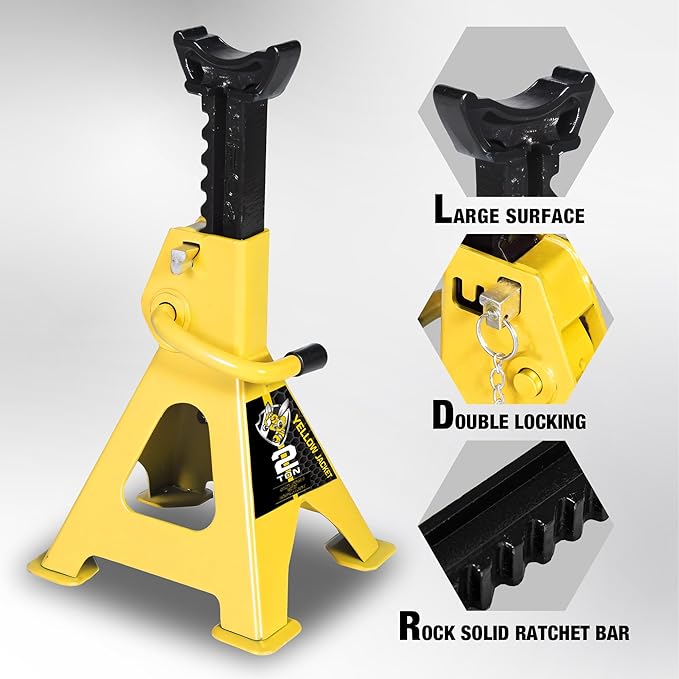 YELLOW JACKET 2 Ton Jack Stands with Double Locking and Large Foot Base for Lifting Car, Heavy Duty Steel, 4,400 lb Capacity, Yellow, 1 Pair