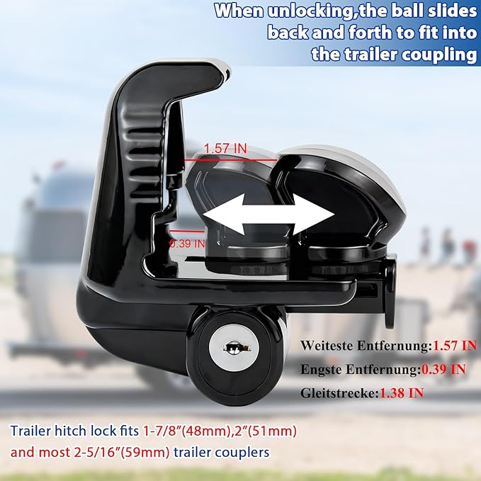 Trailer Hitch Lock, Universal Size Fit 1-7/8", 2",2-5/16" or 48mm, 51mm,and 59mm Couplers, Zinc Alloy, for Vehicles, Trailers,RVs(Black)