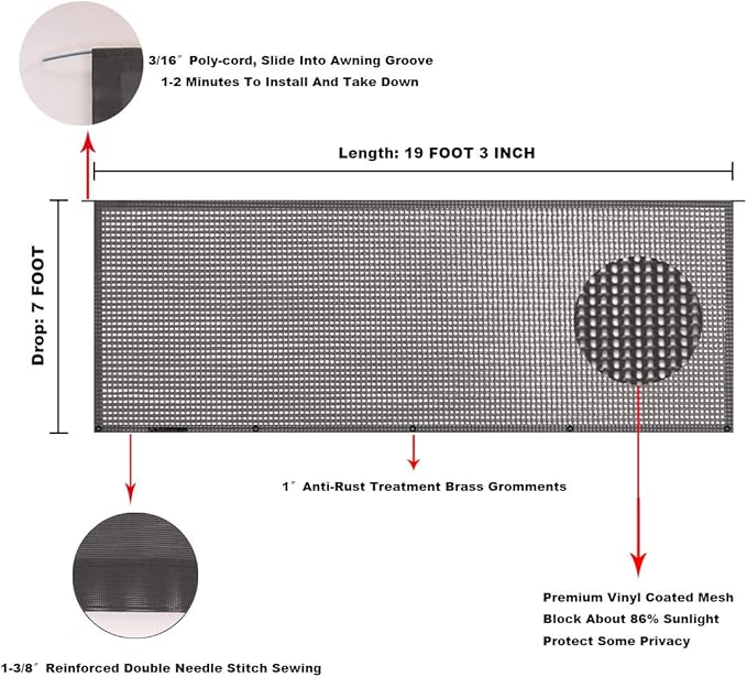 Tentproinc RV Awning Sun Shade Screen 7' X 19' 3'' (Fit for 20' Awning)- Mesh Sunshade UV Blocker Complete Kits Motorhome Camping Trailer Awning Sunscreen Canopy - 3 Year Warranty (Brown)