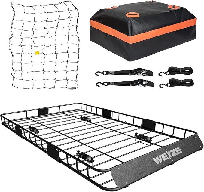 WEIZE 54" x 34" Heavy Duty Roof Rack, Rooftop Cargo Carrier Basket with Waterproof Bag, Tie Down Strap, Net, Rack Extension and Car Top Luggage Holder for SUV, 200lb Capacity, Steel Construction
