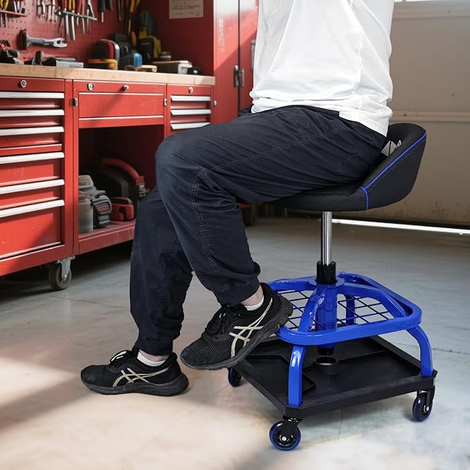Rolling Stool with Blue Wheels,Heavy Duty Garage Work Mechanic Rolling Shop Stool with Backrest, Adjustable Height 360°Swivel Roller Mechanic Chair with 2 Tool Trays, 330 LBS Capacity