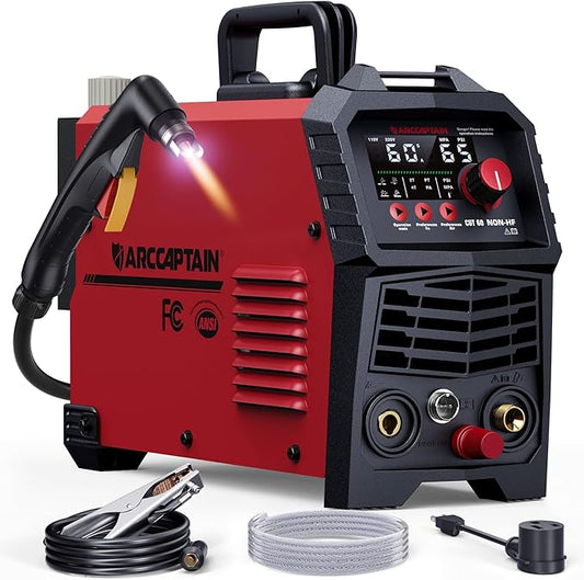 ARCCAPTAIN 60Amp [Non-HF] Plasma Cutter, Blow Back Pilot Arc Plasma Cutting Machine, 110V/220V, Upgraded Large LED Display, Plate Cutting, Expanded Metal, Rust Removal, Gouging, Air Pressure Detection
