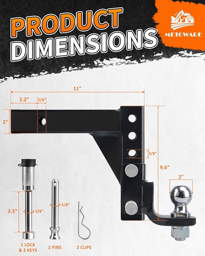 METOWARE Adjustable Trailer Hitch Ball Mount, 2" Towing Ball 7500 LBS, Fits 2-Inch Receiver, 6-Position Heavy Duty Tow Hitch with Pins and Trailer Hitch Lock