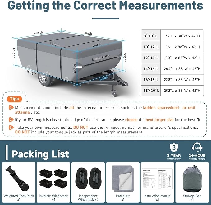 Umbrauto Pop-Up Camper Covers Fits 14-16ft Tent Trailer: 7 Layers Top Pop Up Trailer Cover Waterproof, Breathable Ripstop Sun Block, with Gutter Covers, Windproof Straps