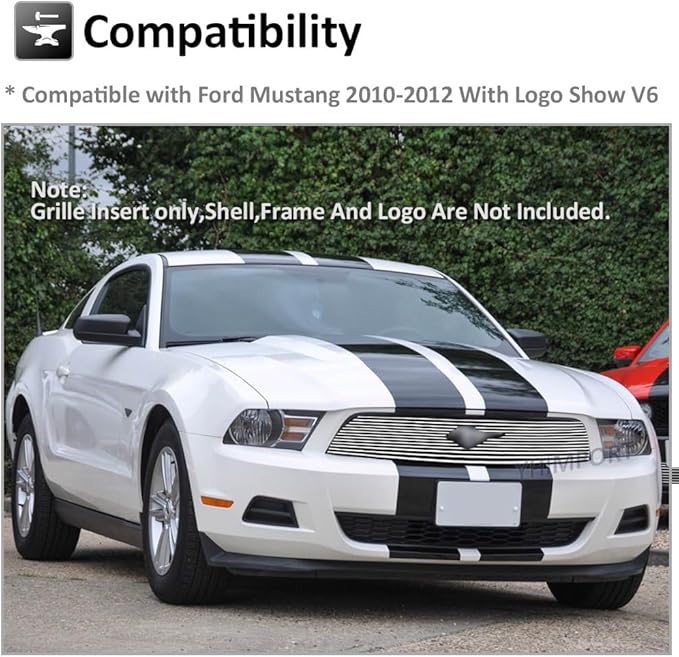 Chrome Main Upper Lower Bumper Grille Fits 2010-2012 Ford Mustang V6 Bolt Style Aluminum Grill Insert for Mustang V6 2010 2011 2012 (Main Upper)