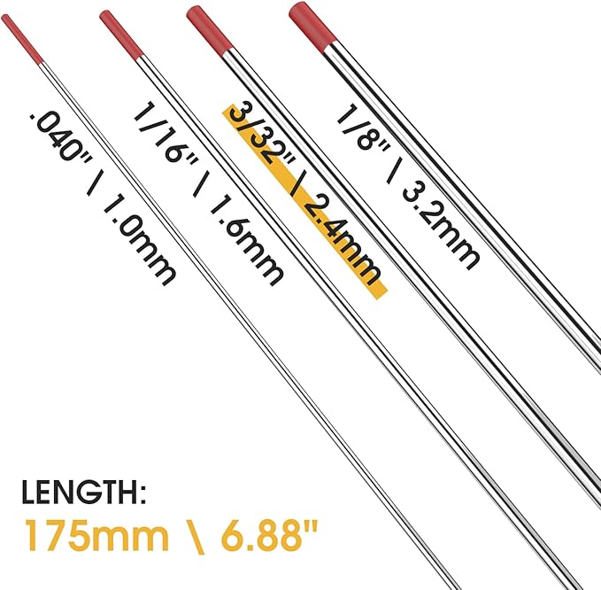 TOOLIOM TIG Tungsten Welding Tungsten Electrodes Tungsten 3/32” x 7” (Red,Ewth-2) 10-Pack