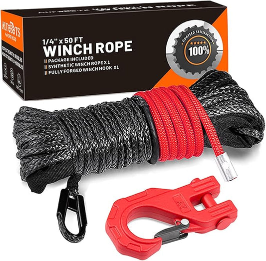AUTOBOTS Synthetic Winch Rope 1/4" X 50 Ft，Max 9500lbs Winch Rope with Heavy Duty 3/8 Hook，Winch Cable Line for Off Road Vehicle ATV UTV RED