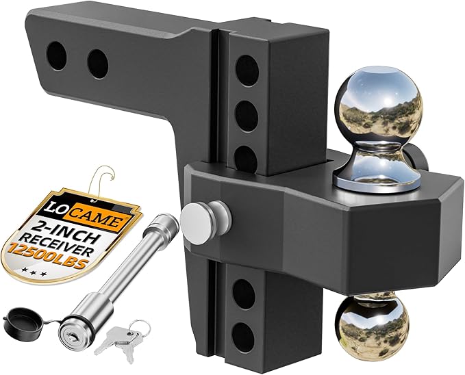 LOCAME Adjustable Trailer Hitch, Fits 2-Inch Receiver, 6-Inch Drop/Rise Aluminum Drop Hitch,12,500 LBS GTW-Tow Hitch for Heavy Duty Truck with Double Stainless Steel Locks, Black, LC0024