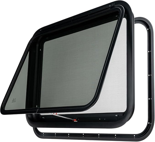 Dulepax RV Exit Window, 30'W x 22' H, Black Tinted Tempered Glass, RV Emergency Exit with Net Screen & Trim Ring