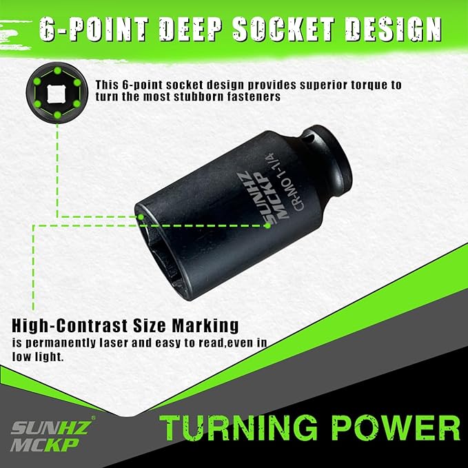 SUNHZMCKP 1/2 Inch Drive Impact Socket, SAE 1-1/4 In Deep 6 Point Socket, CR-MO, Axle Nut Impact Grade Socket for Easy Removal (1-1/4)