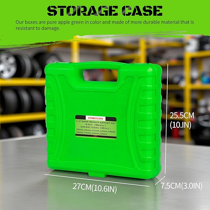 1/2" Drive Impact Socket Set, 9-Piece Metric Deep Axle Nut Sockets, 6-Point, Cr-Mo, 29mm, 30mm, 31mm, 32mm, 33mm, 34mm, 35mm, 36mm,38mm