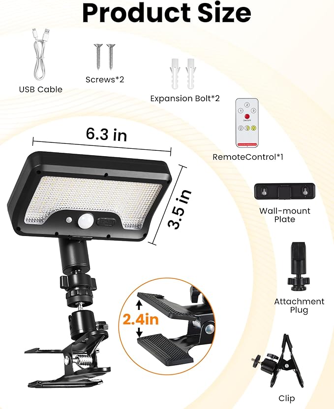Clip on Solar RV Lights Exterior, 600LM RV Outdoor Lights with Motion Sensor, USB & Solar Dual Charging, 3000/5000/6000K Remote Control RV Porch Light for Camper, Motorhome, Trailer, Camping (1 Pack)