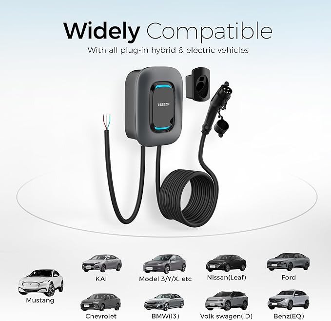 TESSAN Level 2 EV Charger, Hardwired Electric Vehicle Fast Charging Station, 48A/240V Smart Equipment App Control Wi-Fi （Only 2.4Ghz）& Bluetooth, 25ft Cable with Holder for Indoor Outdoor Home