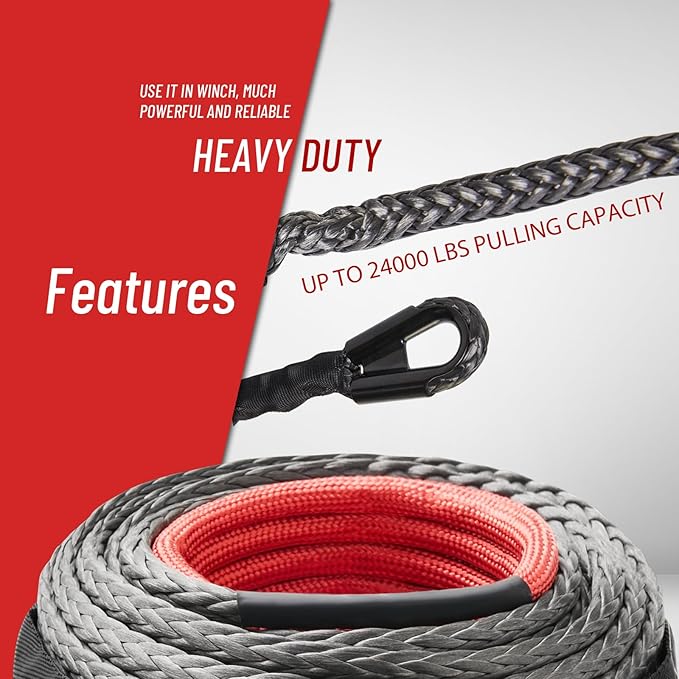 Synthetic Winch Rope Extension 3/8 inch x 80 feet with 24,000 Lbs Strength, Protective Sleeve, Heavy Duty Hook and Safety Pull Strap for Off Road Vehicle SUV Gray
