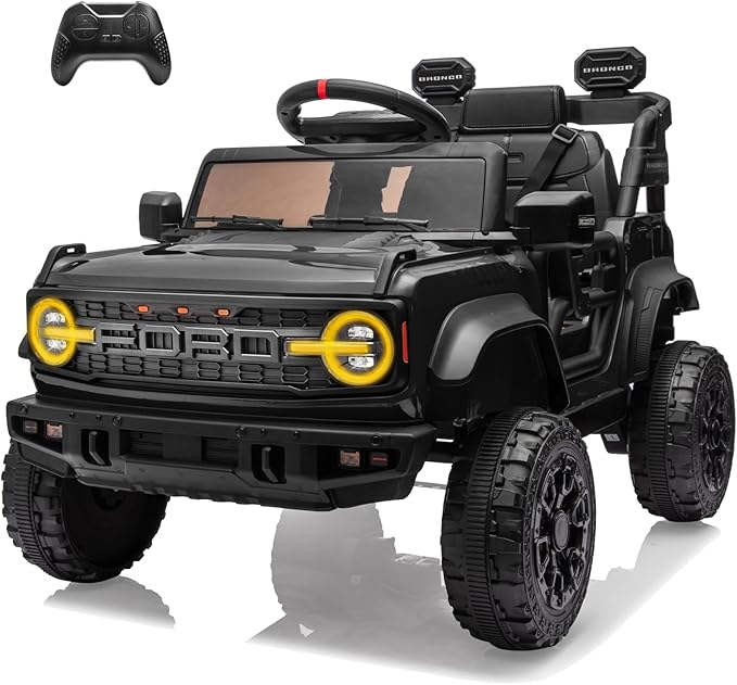 12V Ride on Toy for Kids, Ford Bronco Raptor Kids Electric Car with Parent Remote Control, Battery Powered Truck Car with 4-Wheel Suspension, LED Light, Bluetooth, 3 Speeds (12V, Black)