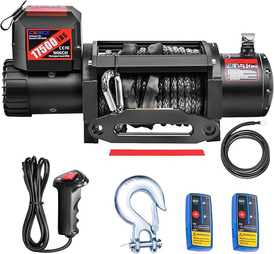 CXRCY 12V Electric Winch,17500LBS Load Capacity Synthetic Rope Towing Winches for Jeep Truck SUV,with Wired Handle and Wireless Remote