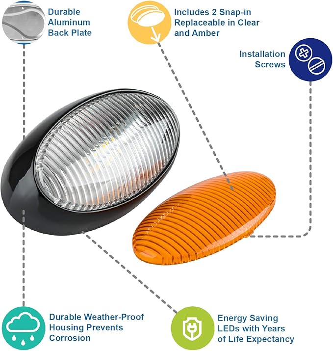 Lumitronics RV 12V LED Oval Porch Utility Light, Clear & Amber Lenses for Motorhomes, Campers, Trailers, 5th Wheels (Black)