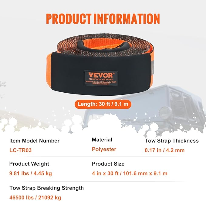 VEVOR Tow Straps Heavy Duty with Loops 4" x 30', 46,500 lbs Break Strength, Tree Saver, Emergency Off Road Towing and Recovery, Triple Reinforced Loops, Protective Sleeves & Storage Bag