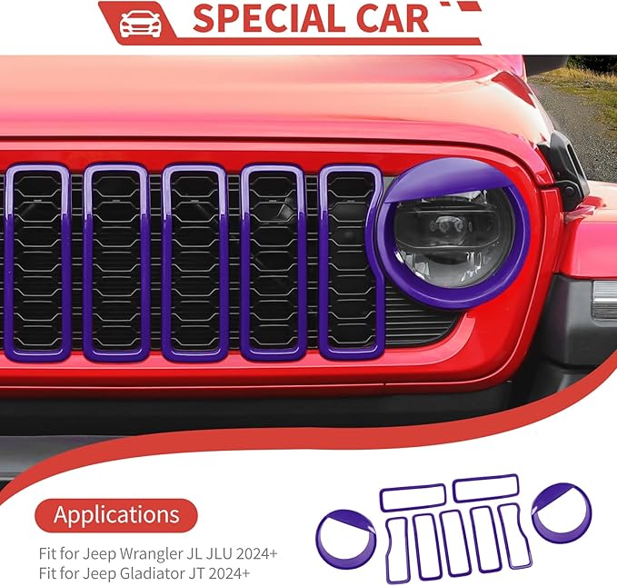 Front Grill Inserts Front Headlight Cover Kit fit for Jeep Wrangler JL JLU Gladiator JT 2024+ Exterior Accessories,Purple