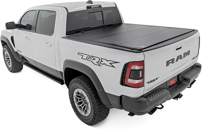 Rough Country Hard Tri-Fold Flip Up Truck Bed Tonneau Cover for Dodge Ram 1500 (2019-2025) TRX (2021-2025) - Flush Aluminum Bed Cover, Fits 5'7" (66.7") Bed