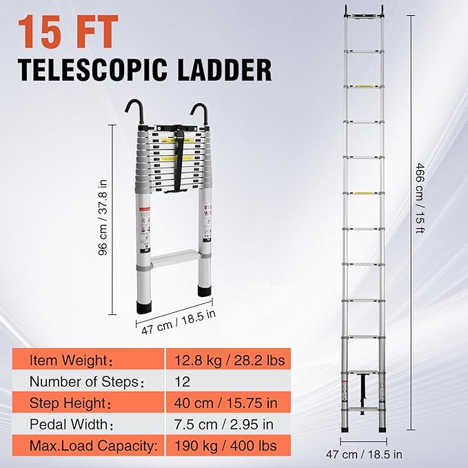 15 FT Aluminum Telescoping Ladder with Hooks, Extension Ladder with Reinforced Alloy Joints, 400 lbs Load Capacity with Non-Slip Feet, Compact Portable for Home, RV, Attic and Roof Use