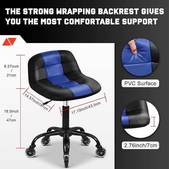 Rolling Shop Stool with Wheels, Rolling Stool with Back Support, 360° Swive Garage Chair, Height Adjustable Chair 330lb Heavy Duty for Spa Salon Massage Home Office Tattoo(Blue)