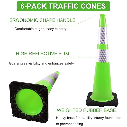 OrangeStar 6 Pack 36" Traffic Safety Cones, Green Parking Cones Construction Cones with Reflective Collar, Heavy Duty Base for Roadwork, Highway, Parking Lot Safety, Warehouse, Indoor & Outdoor Use