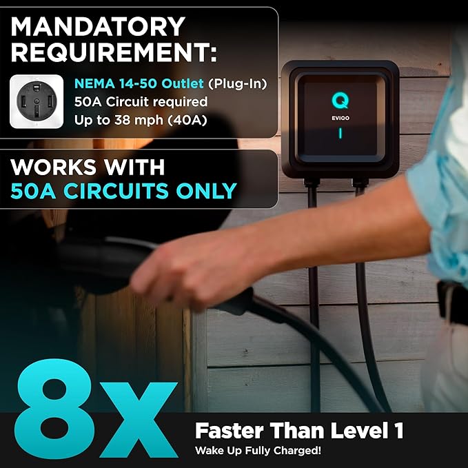 EVIQO Level 2 EV Charger - NACS Charger Compatible with Tesla - 40 Amp EV Level 2 w/NACS, 240V NEMA 14-50 EVSE, 25' EV Charging Cable