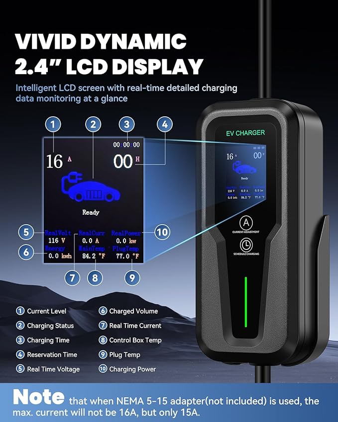 Level 2 EV Charger, 16A Electric Car Charger | UL 2594, UL 2251 | Tesla Adapter | Adjustable Current | Reservation Charging | 240V 3.8KW | NEMA 6-20 | for All Tesla Models ＆ J1772 Vehicles