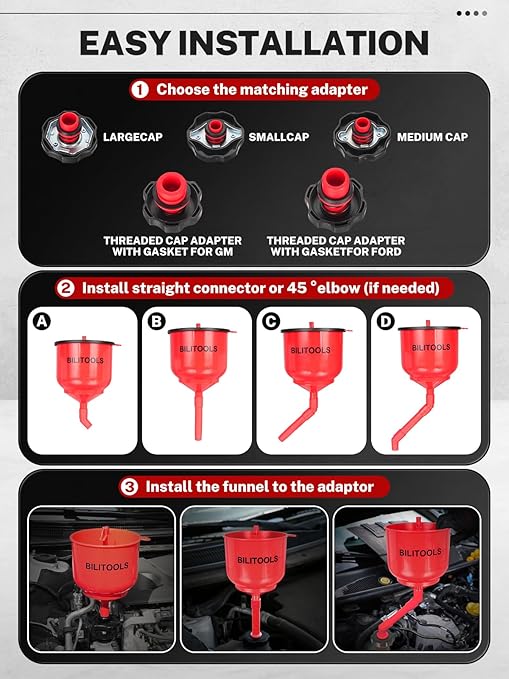 BILITOOLS No-Spill Coolant Funnel Kit - 12PCS Specialized Radiator Coolant Filling Funnel Kit, Radiator Flush Kit Includes 5 Adapters, Extensions, Compatible with Ford GM|Air Bleeding, Drip-Free