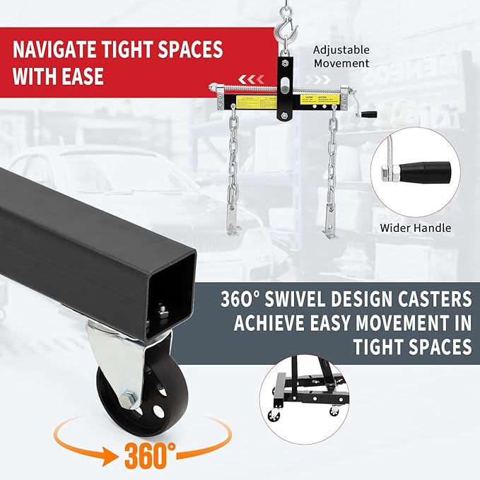 2-Ton Folding Engine Hoist Cherry Picker 4400 Lb Capacity Hydraulic Shop Crane with Telescoping Boom 6 Caster Wheels for Automotive Repair (Black, Engine Hoist with Lever)