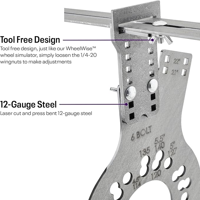 Speedway Motors WheelWise™ 6-Lug Wheel Fitment Tool with Tire Size Attachment, Simulates 14-22 Inch Rim Diameter, 8-14 Inch Tire Width, 2.5-11.5 Inch Sidewall, Laser Cut Steel