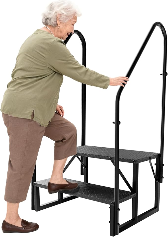 Hot Tub Steps Outdoor, 2 RV Steps with 2 Handrails Update 3.0, Portable RV Stairs, Truck Camper Steps Stool Ladders for Travel Trailers, 5th Wheel, Motor Home, Spa, and Porch