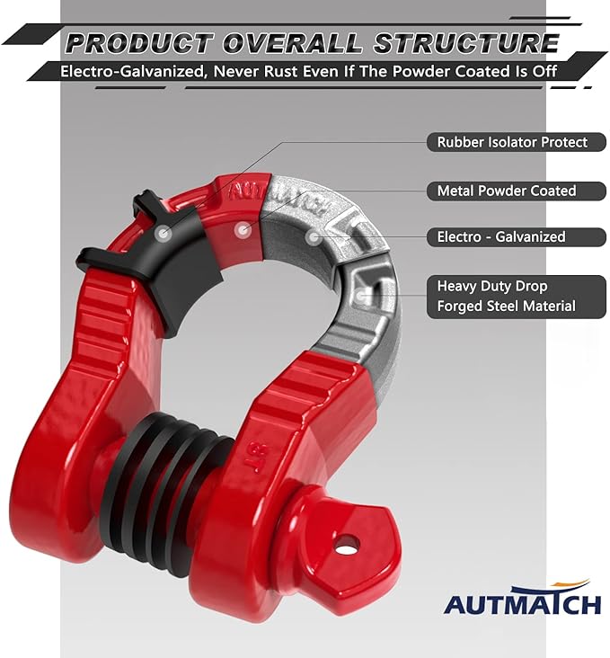 AUTMATCH D Ring Shackles 3/4" Mega Shackle (2 Pack) 68,000Ibs Break Strength - Heavy Duty Clevis Shackles with 7/8" Screw Pin and Isolator Washer for Tow Strap Winch Off Road Vehicle Recovery, Red