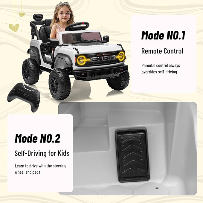 12V Ride on Toy for Kids, Ford Bronco Raptor Kids Electric Car with Parent Remote Control, Battery Powered Truck Car with 4-Wheel Suspension, LED Light, Bluetooth, 3 Speeds (12V, White)
