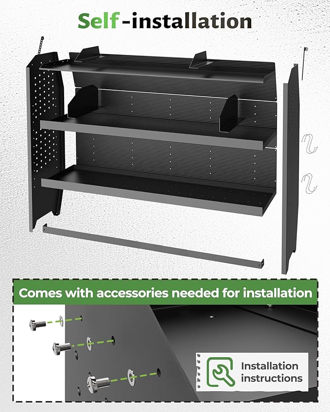 StarONE Cargo Van Shelving Storage Fit for Transit Connect 2014+,NV200,Chevy City Express, Promaster City with S-Shaped Hooks,Black,Steel,52" W x 43" H x 13" D