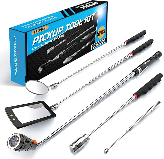 5 PCS Magnetic Pickup Tool Set, 1lb & 15lb Pick Up Rod, Magnetic Flashlight Pickup Tool, Round and Square 360 Swivel Adjustable Inspection Mirror, Fathers Day Dad Gifts, Birthday Gifts for Men, Him