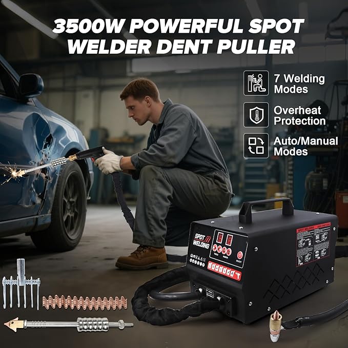 PLAYOCCAR Spot Welder Dent Puller,220V 3500W Dent Remover Tool for Car Body Repair Kit with 7Welding Modes & Auto/Manual Modes.