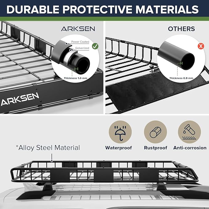 ARKSEN 64 x 39 x 5 Inch Universal Roof Rack with Waterproof Bag, Cargo Net & 2 Ratchet Straps - Upgrade 150Lbs Capacity Heavy Duty Rooftop Cargo Carrier with Extension for Car, SUV & Pickup