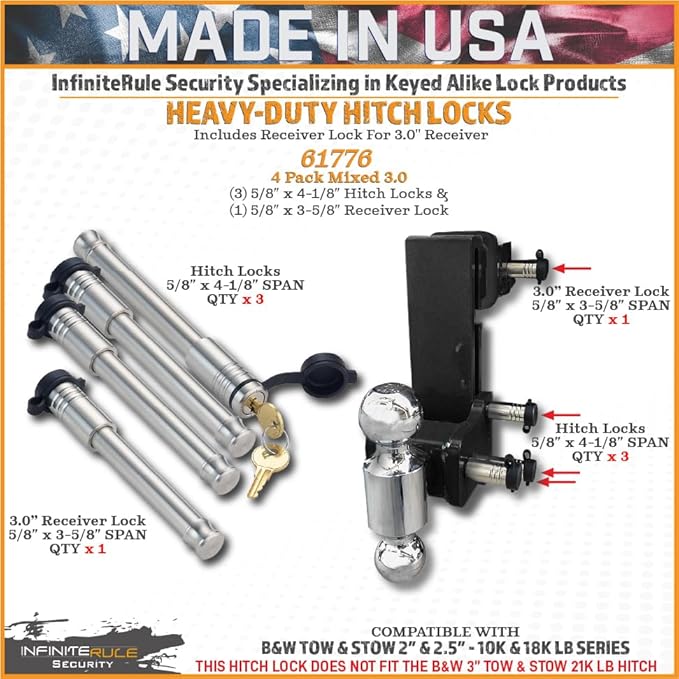 61776 | 4 Pack Mixed 3.0, Keyed Alike, Hitch Locks for B&W 2" & 2.5" Tow and Stow 10K LB & 18K LB - Includes Lock for 3.0" Receiver