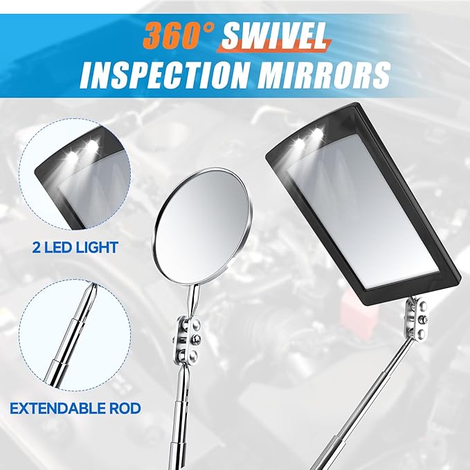 5 PCS Magnetic Pickup Tool Set, 1lb & 15lb Pick Up Rod, Magnetic Flashlight Pickup Tool, Round and Square 360 Swivel Adjustable Inspection Mirror, Fathers Day Dad Gifts, Birthday Gifts for Men, Him