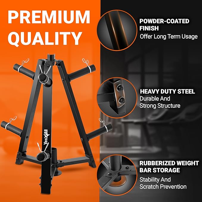 Yes4All 6 Pegs & 4 Barbell Storage Racks Load Up to 1190 LBS - Wall Mounted Weight Plate Tree & Barbell Holder