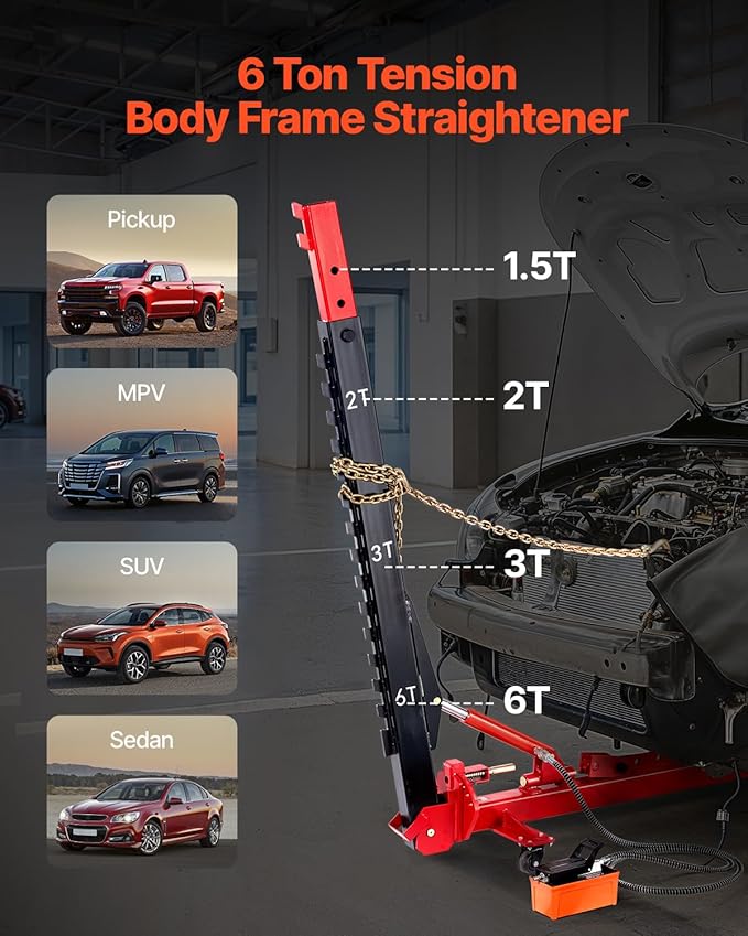 VEVOR Auto Body Frame Puller Straightener, 6T Tension Car Body Repair Equipment with 6000PSI Hydraulic Foot Pump & Swivel Post, Includes 16 Straightening Tools, for Auto Repair Shop, Sedan SUV Pickup