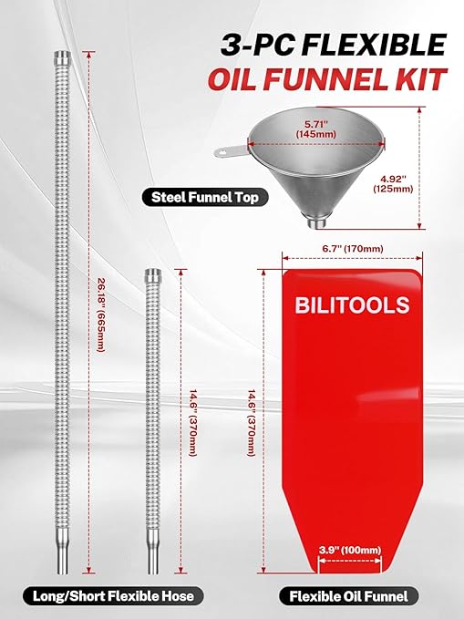 BILITOOLS 3pc Flexible Oil Funnel Kit, Spill-Free Steel System with Filter & Long/Short Hoses + Reusable Flexible Funnel for Automotive Use, Universal for Engine Oil, Transmission Fluid, Coolant