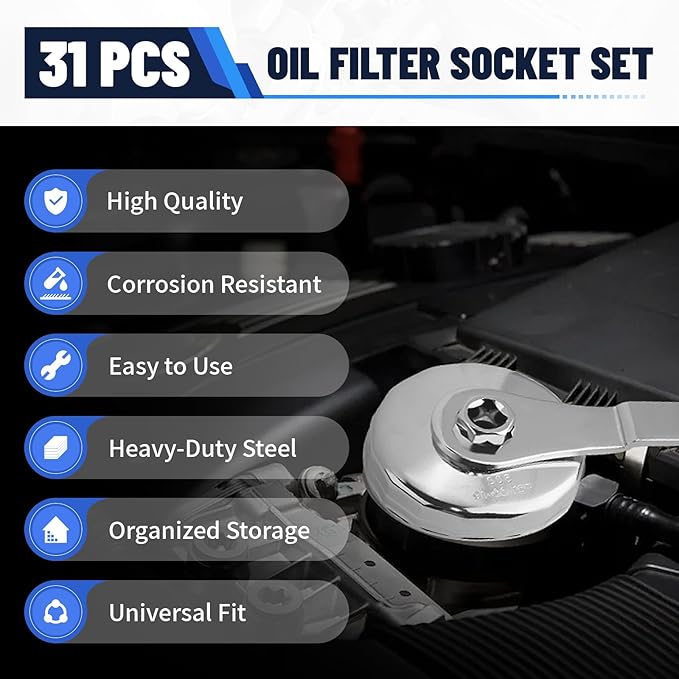 31pcs Oil Filter Wrench Set 1/2" Drive Oil Filter Removal Tool Kit Oil Filter Type Wrench Socket Removal Tool Set Oil Filter Socket Set