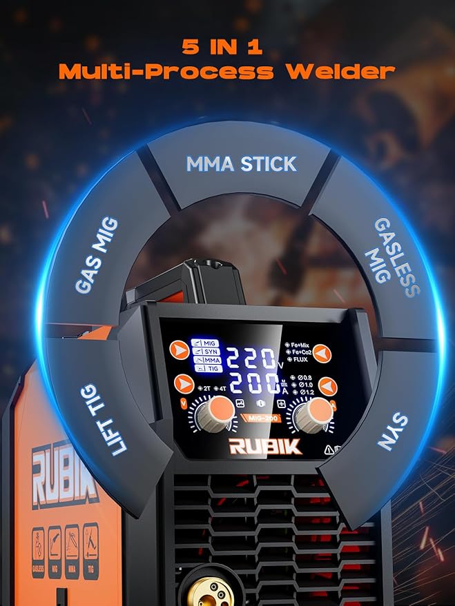 RUBIK MIG Welder,200 Amp 5 in 1 Flux Core Welder,Gas MIG/Gasless Flux Core MIG/Stick/Lift TIG/Spot welding/Spool Gun 110V/220V Aluminum Multi Process Welding Machine with Large LED Digital Display