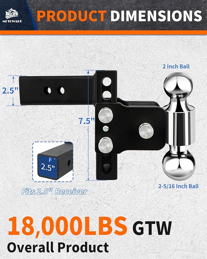 METOWARE Adjustable Trailer Hitch - Drop Hitch - Tow Hitch Fits 2.5 inch Receiver - 4inch Drop/Rise, 2" & 2-5/16" Ball Hitches for Trucks, 18,000 LBS GTW, Trailer Hitches with Anti-Theft Pin Lock